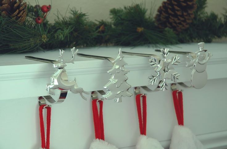 MantleClip Stocking Hangers with Decoration - Set of 4 Silver Finish