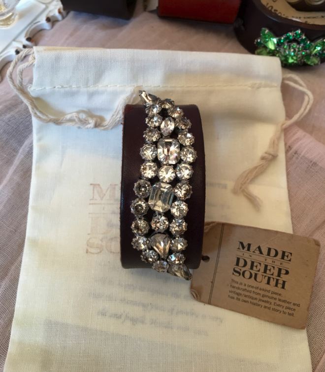Made in the Deep South - Brown Leather Cuff - Rhinestone Scroll