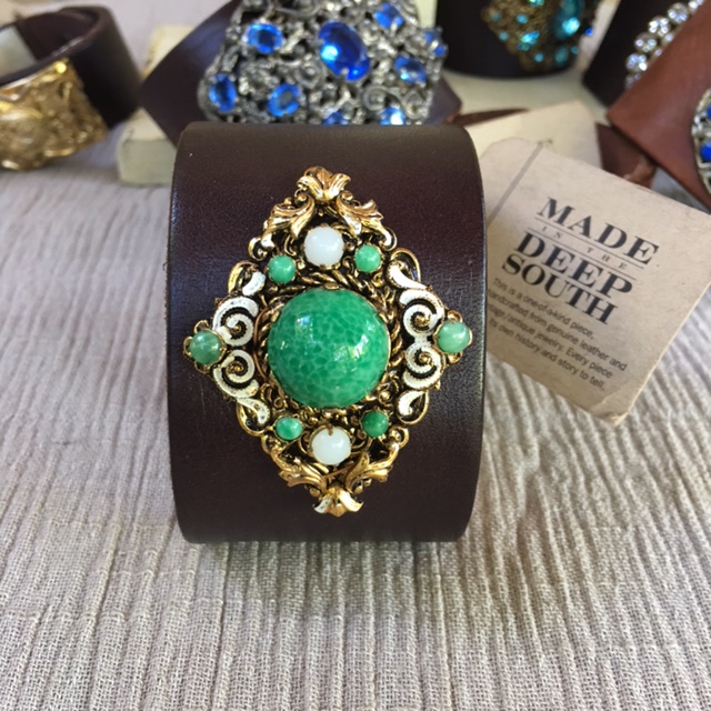 Made in the Deep South - Brown Leather Cuff - Malachite & Moonstone