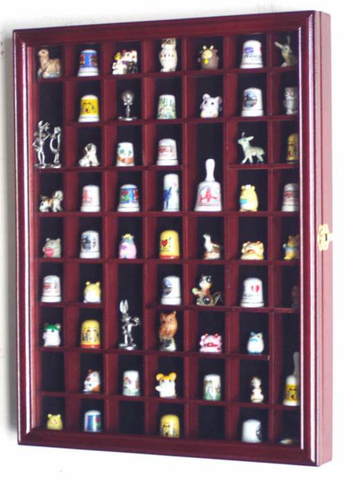 DisplayGifts 59 Thimble Display Case Wall Cabinet Shadow Box Solid Wood  with Glass Door